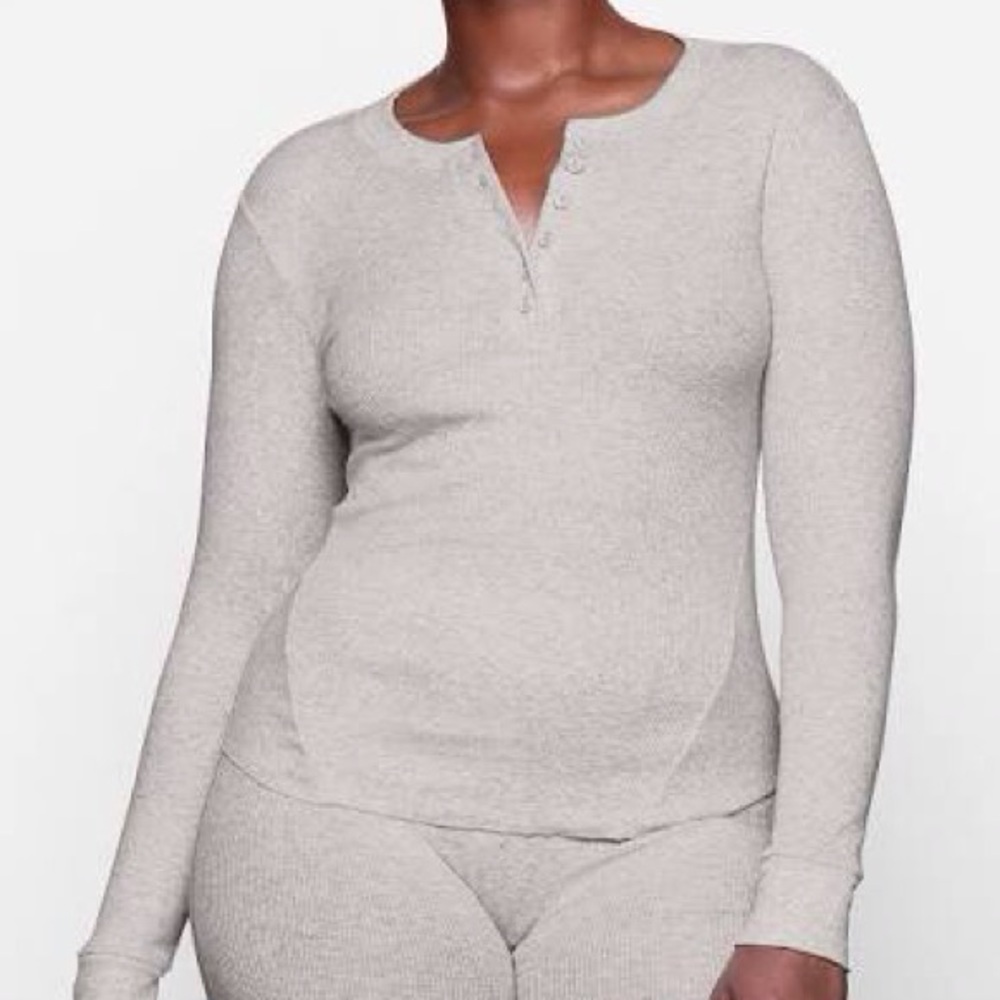 SKIMS Cotton Rib Henley | Light Heather Grey | Size XL